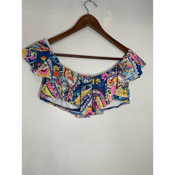 Trina Turk La Palma Ruffle Bandeau Bikini Top Off Shoulder Floral Blue Medium - Picture 4 of 4